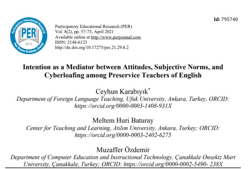 Intention as a Mediator between Attitudes, Subjective Norms, and Cyberloafing among Preservice Teachers of English Karabiyik, C., Özdemir, M., & Baturay, M. H.